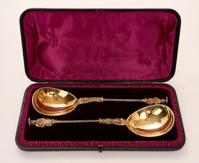 Lot 367 - Pair Victorian silver gilt Apostle spoons, with teardrop bowls