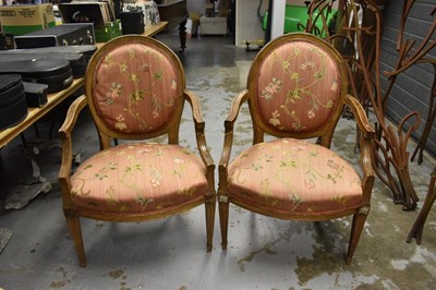 Lot 1621 - Set of six 18th century French open armchairs, each with oval pad back
