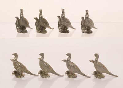 Lot 370 - Cased set of eight, cast white metal menu holders, in the form of pheasants