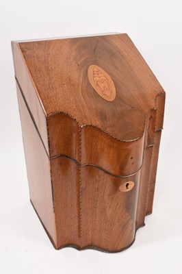 Lot 826 - George III mahogany and patera inlaid serpentine knife box, converted for stationary, 36cm high