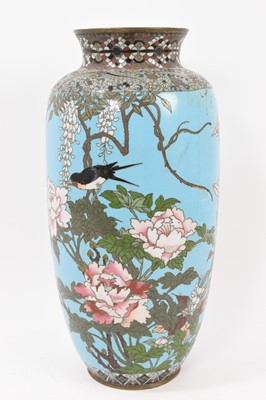 Lot 831 - Japanese baluster cloisonné vase, decorated with birds and foliage on powder blue ground, 36cm high