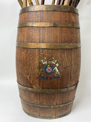 Lot 1240 - Antique coopered barrel, emblazoned with Royal coat of arms, 62cm high