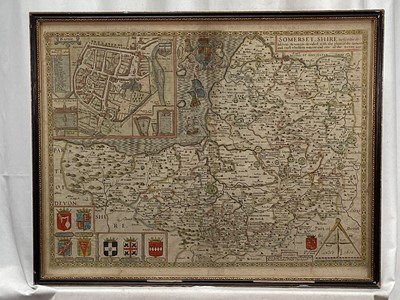 Lot 88 - John Speed 17th Century, two hand coloured engraved maps - Somersetshire 1610, 41cm x 52cm and Hampshire 1611 (first issue) 37cm x 50cm in double sided Hogarth frames