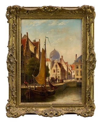 Lot 944 - Cornelis Christiaan Dommersen (1842-1928) pair of oils on canvas - 'Old Houses near Nimegen' and 'Bruge Canal Scene', signed and dated '82 and '83, inscribed verso, 38cm x 29cm, in gilt frames