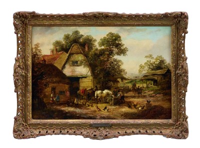 Lot 945 - Georgina Lara (act.1840-1880) pair of oils on canvas - Busy Farmsteads, signed, 21cm x 32cm, in gilt frames