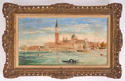 Lot 1041 - English School, mid 19th century, group of four oils on paper - Venetian Views to include the Punta della Dogana, each initialled W.W. and dated '60, 17.5cm x 32.5cm, in gilt frames