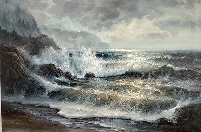 Lot 153 - Ray Green (Contemporary) oil on canvas - Waves Crashing on the Shore, signed, 61cm x 92cm, unframed