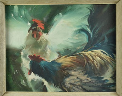 Lot 29 - Alan J. Bowyer (1902-1986) oil on board - Pair of Cockerels, signed, 40cm x 50cm, framed