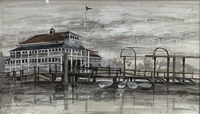 Lot 156 - Jean Baker (Contemporary) mixed media - Lymington Yacht Club 1964, signed, titled verso, 44cm x 77cm, in glazed frame