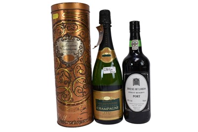 Lot 75 - Bottle of the first release English brandy Lamberhurst 35cl, bottle of House of Lords Finest Reserve Port 75cl. and a bottle of Sainsbury's Millenium Champagne Grand Cru Brut Vintage 1995. (3)