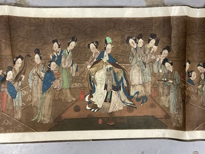 Lot 823 - Antique Chinese scroll depicting courtly beauties, 23 x 228cm, in fragile deteriorated condition, with decorative fabric ends