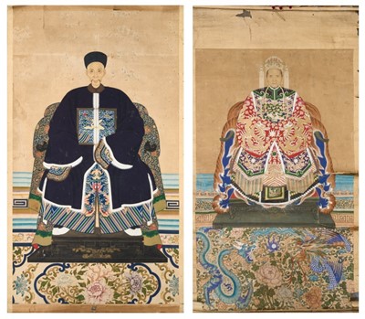 Lot 728 - Two Chinese Qing period ancester portraits, 134 x 58cm