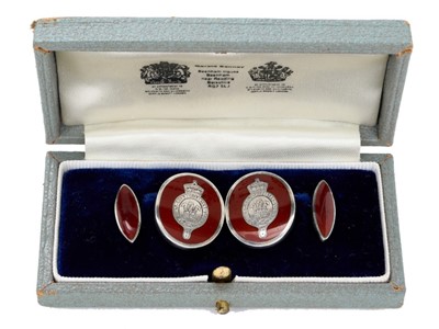 Lot 134 - H.R.H.Prince Charles The Prince of Wales (now H.M.King Charles III), fine pair of Royal presentation silver and red enamel cufflinks each engraved with crowned P.O.W. cypher ( Gerald Benney London...