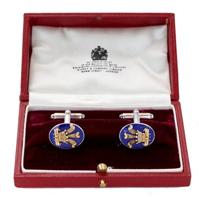 Lot 135 - H.R.H.Prince Charles The Prince of Wales (now H.M.King Charles III), fine pair of Royal presentation silver, silver gilt and  enamel cufflinks each mounted with cast P.O.W. feather crests and date...