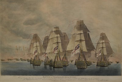 Lot 69 - After R. Dodd, mid 19th century hand coloured engraving - 'Battle of Trafalgar, Rear Division', published London 1843 by J W Laird, Leadenhall St., 49cm x 74cm, in glazed gilt frame