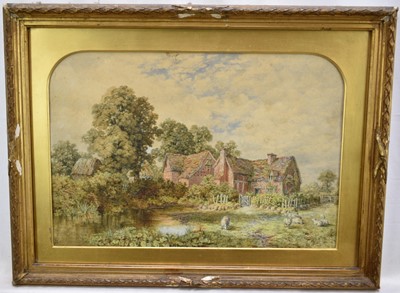 Lot 78 - Harry Baker (1849-1875) watercolour - Sheep Grazing before a Farmhouse, monogrammed, label verso, 23cm x 34cm, in glazed gilt frame