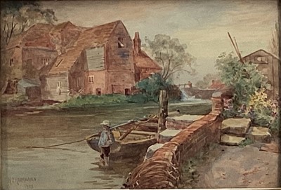 Lot 79 - 19th century watercolour on board depicting a young boy standing in water with mill behind, signed H Z Hermann, in gilt frame