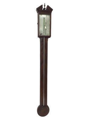 Lot 672 - George III mahogany stick barometer with architectural pediment