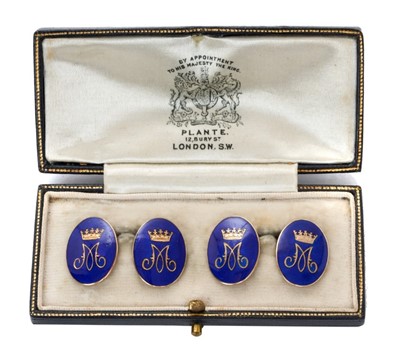 Lot 140 - H.R.H.The Princess Margaret, fine pair of early 1950s Royal presentation gold and enamel cufflinks, each oval with crowned M cypher joined by chains in original Plante, London fitted box