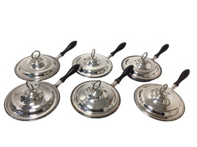 Lot 379 - Set of six, contemporary silver plated vegetable dishes of circular form