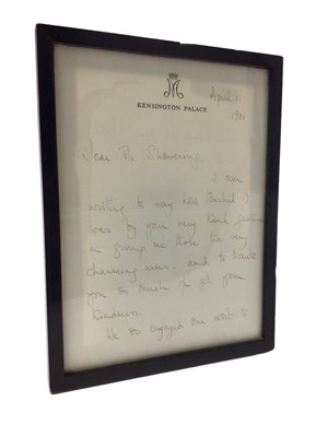 Lot 141 - H.R.H.The Princess Margaret Countess of Snowdon, handwritten letter on crowned M Kensington Palace headed writing paper, dated April 11 1961, thanking Mr Showering for his gift of a pair of 'charmi...