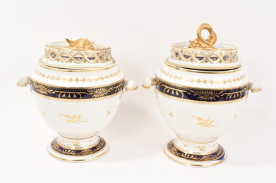 Lot 311 - Pair of Chamberlain's Worcester ice pails, circa 1810, with cobalt blue and gilt decoration, pierced covers with shell and dolphin handles, printed marks, 31cm high