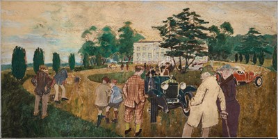 Lot 998 - English School, second half 20th century, large oil on board - Vintage Car Rally before a Country House, 120cm x 242cm, in aluminum frame