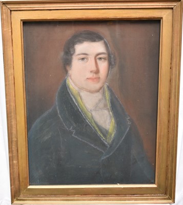 Lot 937 - English School, 19th century, pair of pastels on paper - Portrait of a Lady and Gentleman, 61cm x 48cm, in glazed gilt frames