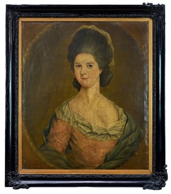 Lot 939 - English School, late 18th century, oil on canvas laid on board - Portrait of a Lady, 75cm x 65cm, framed