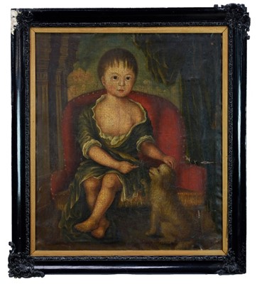 Lot 940 - English School, late 18th century, oil on canvas - Portrait of a Child and Pet Dog, 75cm x 65cm, framed