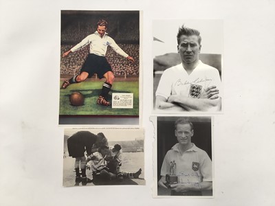 Lot 1425 - Group of autographed photographs of footballers, including Tom Finney, Stanley Matthews, Bobby Moore, Nat Lofthouse, and Bobby Charlton