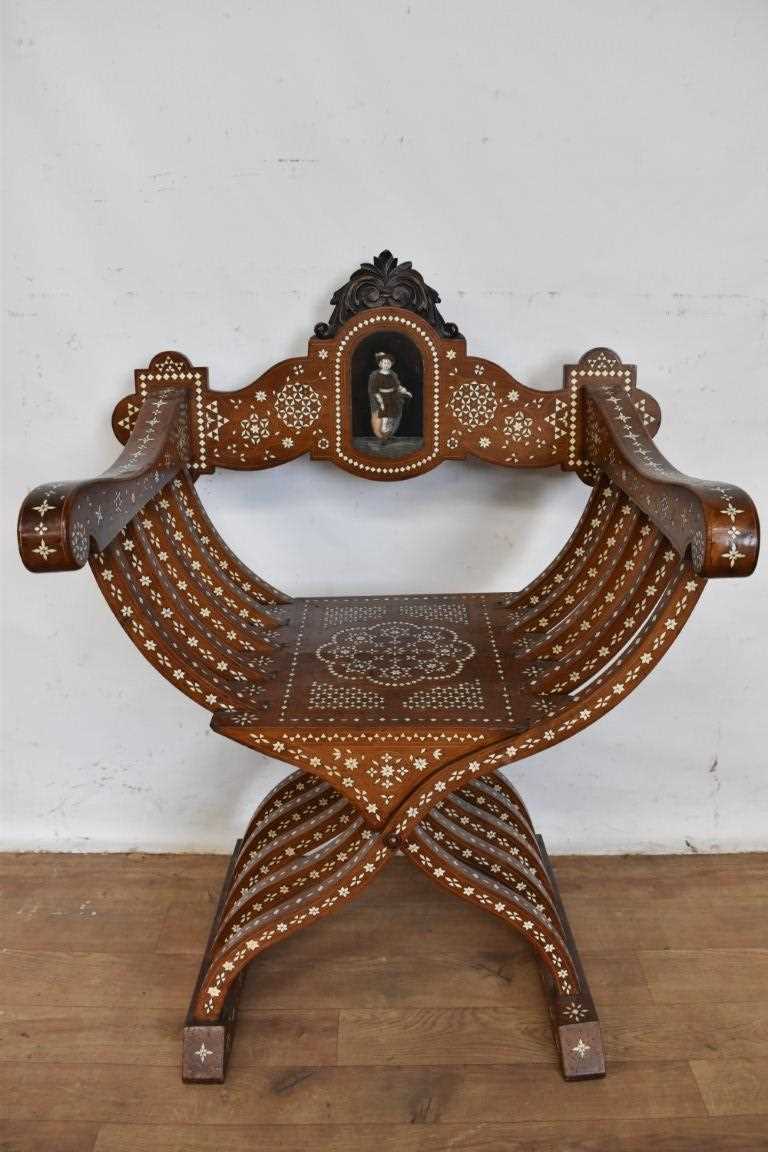 Lot 1318 - 19th century Neopolitan walnut and bone inlaid X-frame chair