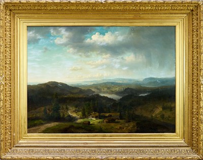 Lot 1063 - Hans Fredrik Gude (1825-1903) oil on canvas - Extensive Tyrolean Landscape, signed and dated 1853, 70cm x 96cm, in gilt frame