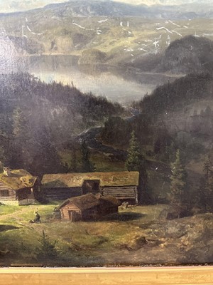 Lot 1063 - Hans Fredrik Gude (1825-1903) oil on canvas - Extensive Tyrolean Landscape, signed and dated 1853, 70cm x 96cm, in gilt frame