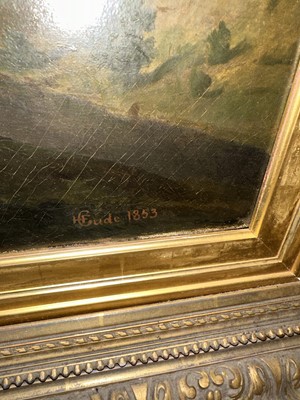 Lot 1063 - Hans Fredrik Gude (1825-1903) oil on canvas - Extensive Tyrolean Landscape, signed and dated 1853, 70cm x 96cm, in gilt frame