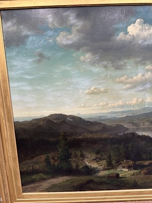 Lot 1063 - Hans Fredrik Gude (1825-1903) oil on canvas - Extensive Tyrolean Landscape, signed and dated 1853, 70cm x 96cm, in gilt frame