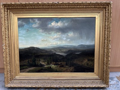 Lot 1063 - Hans Fredrik Gude (1825-1903) oil on canvas - Extensive Tyrolean Landscape, signed and dated 1853, 70cm x 96cm, in gilt frame