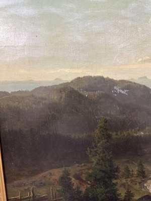 Lot 1063 - Hans Fredrik Gude (1825-1903) oil on canvas - Extensive Tyrolean Landscape, signed and dated 1853, 70cm x 96cm, in gilt frame