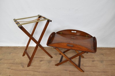 Lot 1130 - Antique mahogany folding butlers tray and two X-frame stands