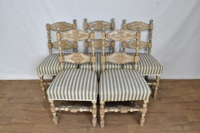 Lot 1411 - Set of five antique Continental cream painted dining chairs