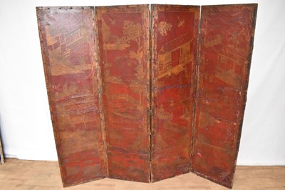 Lot 1248 - Antique red and gilt tooled leather four fold screen