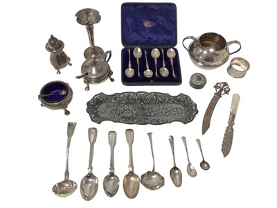 Lot 421 - A group of antique silverware to include a three-piece cruet set, sugar basin, teaspoons etc.