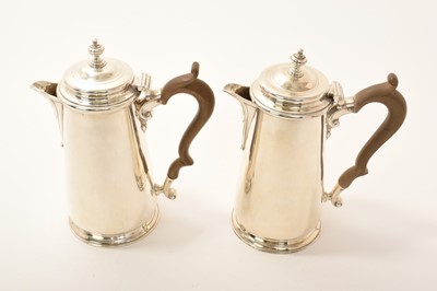 Lot 437 - Pair of George I style silver coffee pots/hot water pots of waisted baluster form