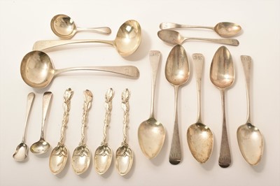 Lot 439 - Set of four Victorian cast silver tea spoons by Robert Stebbings, London 1883, George III silver snuff spoon/salt spoon, George III silver caddy spoon and other George III silver, approximately 12o...