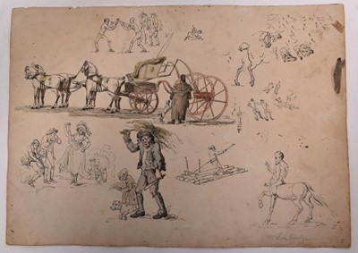 Lot 1065 - Attributed to Thomas Rowlandson (1756-1827) pen, ink and watercolour double sided page of sketches depicting figures, horse and carriage and mug huts, bearing signature, unframed 26cm x 37cm