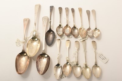 Lot 469 - Collection of Georgian and later silver spoons, including three table spoons, etc