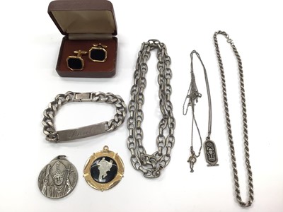 Lot 1006 - Silver heavy curb link identity bracelet, silver rope twist chain, Egyptian pendant and other bijouterie