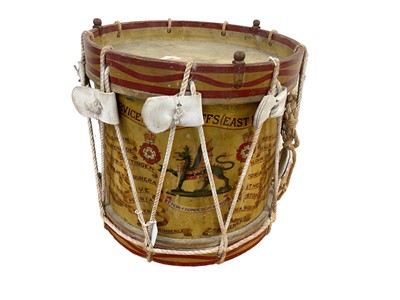 Lot 775 - First World War period military drum for the 8th (Service) Bn. The Buffs (East Kent) Regt. with hand painted regimental badges and insignia and battle honours up to the Boer War.