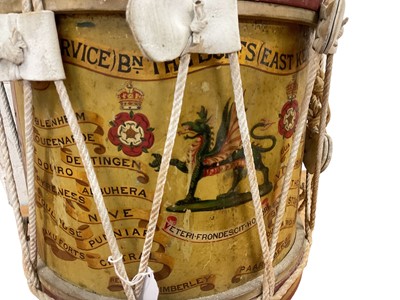 Lot 775 - First World War period military drum for the 8th (Service) Bn. The Buffs (East Kent) Regt. with hand painted regimental badges and insignia and battle honours up to the Boer War.