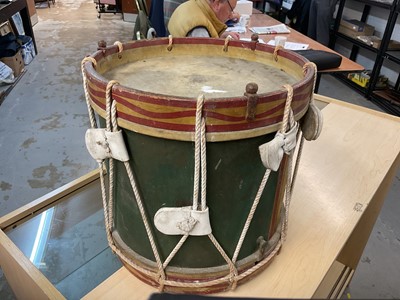Lot 775 - First World War period military drum for the 8th (Service) Bn. The Buffs (East Kent) Regt. with hand painted regimental badges and insignia and battle honours up to the Boer War.